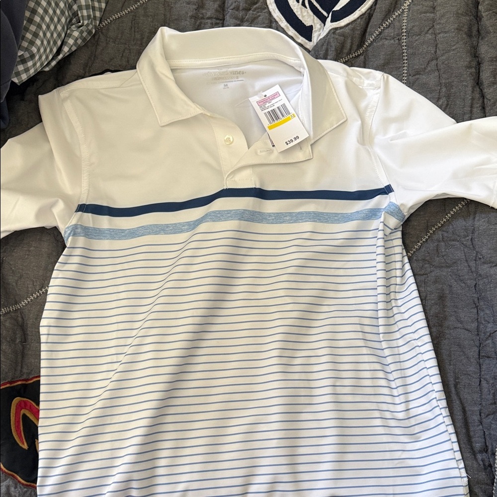 Vineyard Vines Kids Polo in White with Blue Stripes